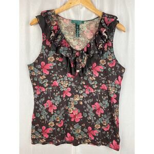 Lauren Ralph Lauren LRL Brown Floral Sleeveless Top/Shirt Womens sz XL Ruffle